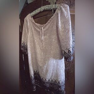 Loft Peasant Dress, sz S Lavender & White scroll pattern eggplant, paisley hem